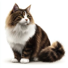 Norwegian Forest cat with a thick double coat and bushy tail, placed on a bright white background