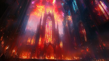 Obraz premium A surreal glowing cathedral with radiant stained glass windows in a fantasy city