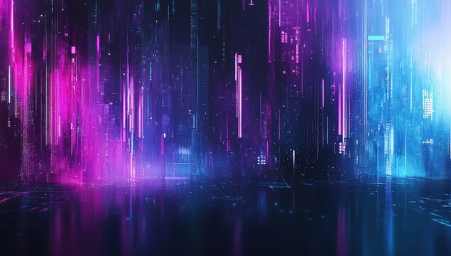 Neon city data stream backdrop; futuristic scene
