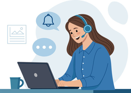 Illustration of a female customer service representative working at a desk. She is typing on a laptop.