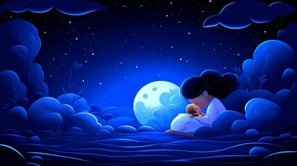Serene Night Illustration of Child Holding a Soft Toy Under Moonlight