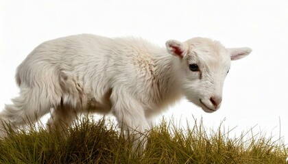 Obraz premium Young Ouessant ram in front of a white background