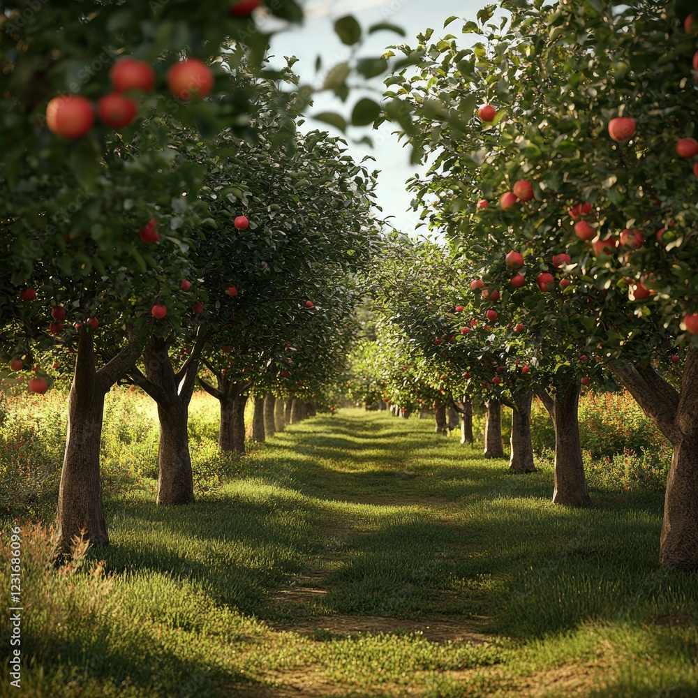 Poster a long row of apple trees with a path between them. the apples are ripe and ready to be picked