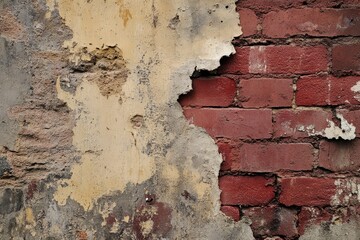 Obraz premium Close-up of a weathered cement wall with cracks peeling away to reveal red bricks beneath. which symbolizes the passage of time and decay.