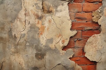 Close-up of a weathered cement wall with cracks peeling away to reveal red bricks beneath. which symbolizes the passage of time and decay.