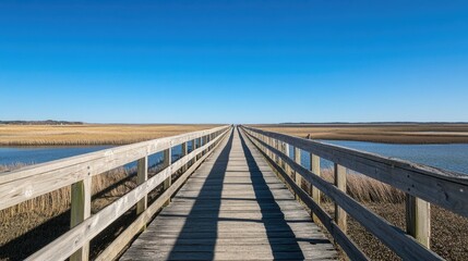 Obraz premium A rustic wooden pier leading into the horizon with clear blue skies and plenty of copy space for creative text