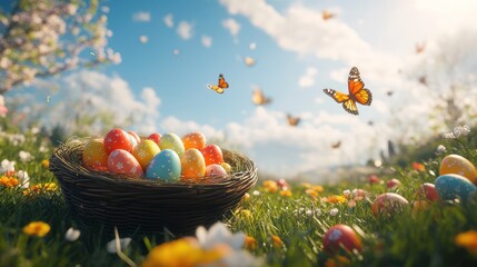 Easter eggs nest spring meadow butterflies