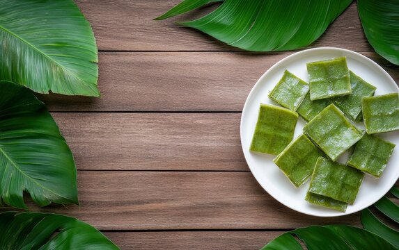 Kuih impit, flattened cut coconut leaves on a white plate against a wooden background with copy space for text, top view of a food and drink concept celebrating a prime day celebration