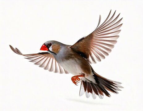  Zebra Finch flying, Taeniopygia guttata, against white background