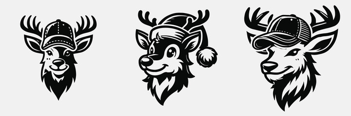 Obraz premium Three cartoon deer heads wearing hats, showcasing different styles and expressions, ideal for festive or playful themes.