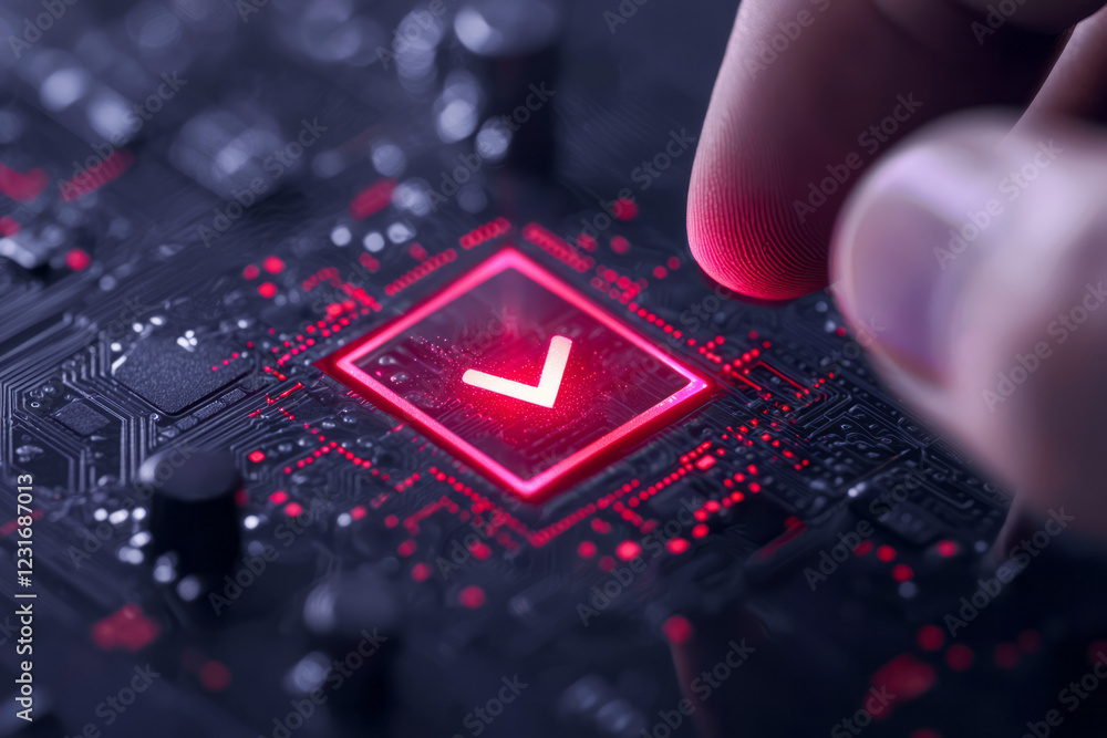 Poster a high-tech, close-up shot of a suited hand reaching out to tap a bright digital checkbox with a viv