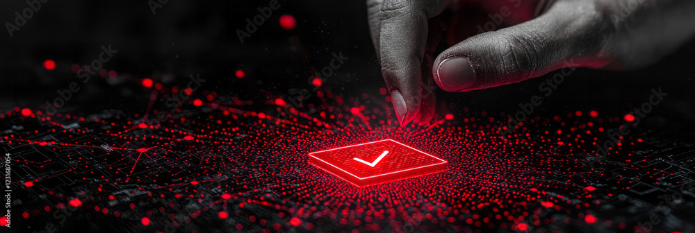 Poster a black-and-white composition where only the digital checkbox glows in color, flashing a crimson che