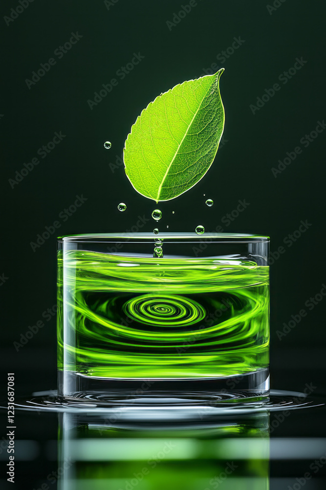 Poster a macro perspective capturing the instant a drop of green fluid is dispensed into a transparent tumb