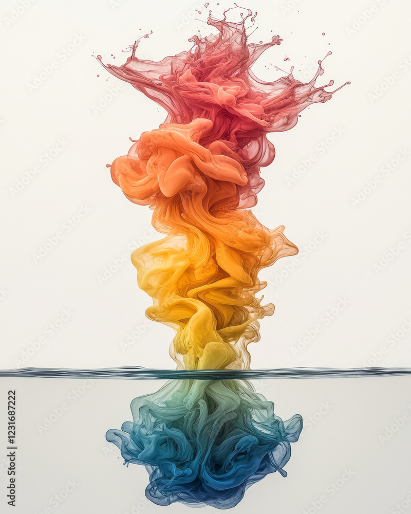 Poster a slow-motion conceptual shot showing a drop of colored liquid merging with water, forming intricate