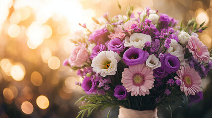 Fototapeta premium International Women's Day: Vibrant Purple and White Floral Bouquet, Ethereal Bokeh, Golden Hour Glow, Elegant Silk Ribbon, Minimalist Arrangement. Celebrating The Strength and Beauty of Women.