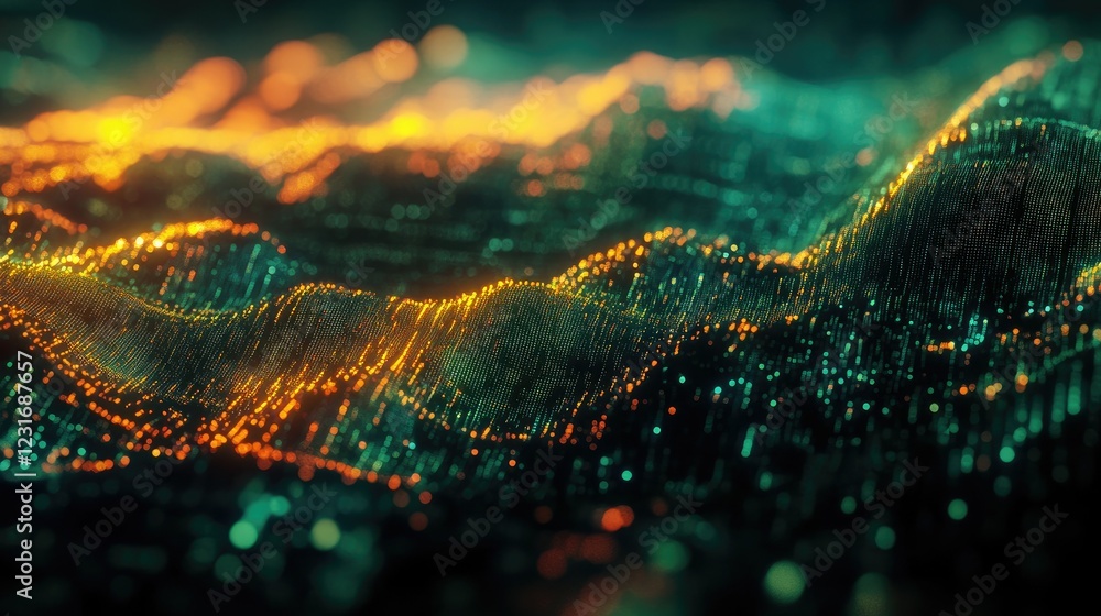 Poster abstract digital background with dynamic waves of glowing multicolor data patterns