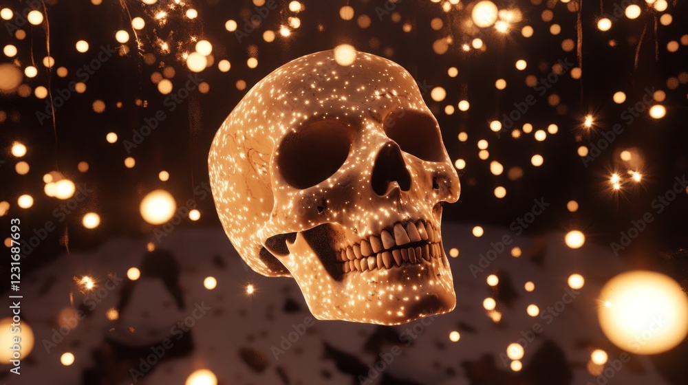 Poster a skull is floating in the air with a lot of sparkles around it. the skull is surrounded by a lot of