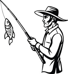 Fisherman with fishing vector illustration, Fisherman silhouette vector art, Fisherman line art vector design