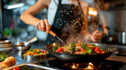 Kitchen chef preparing fresh meal in large pan. Busy restaurant kitchen scene. Fresh food preparation, cooking, frying, sizzling. 