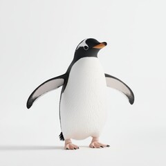 Fototapeta premium Playful penguin waddling on the ice with a happy expression, centered on a clean white background