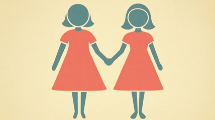 Two Silhouette Girls Holding Hands in Colorful Simple Style