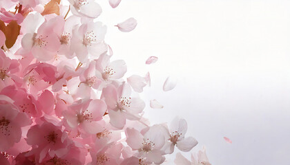 ピンクと白の桜の花と舞い散る花びらの美しい奥行きのある構図