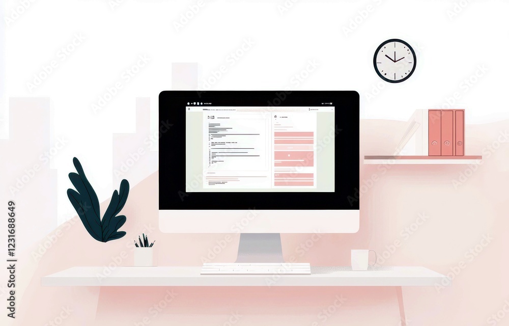 Aufkleber modern workspace setup featuring a sleek computer displaying a user-friendly interface with office d
