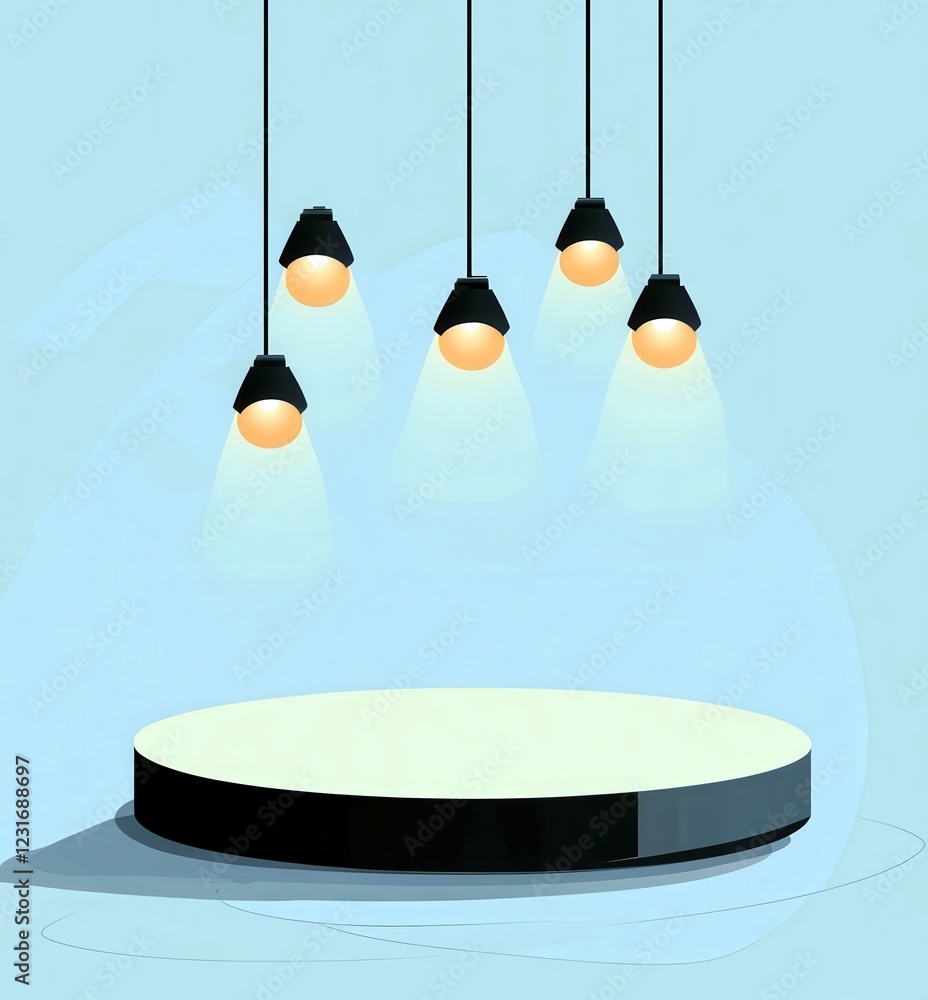 Poster modern minimalist stage display with five pendant lights illuminating circular platform in soft blue