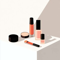Modern and Minimalist Beauty Makeup Collection featuring Nail Polish, Lip Gloss, Face Powder, and Brush on a Clean Surface