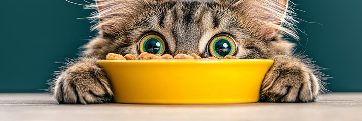 A comedic moment showing the catâ€™s whiskers and nose edging past the white surface, focused on the warm yellow hue of the bowl brimming with snacks,