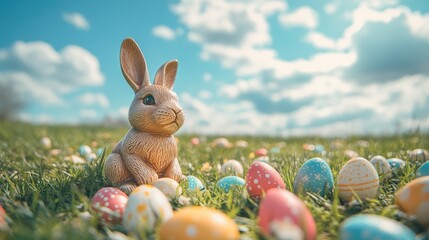 Easter bunny figurine, eggs, spring field