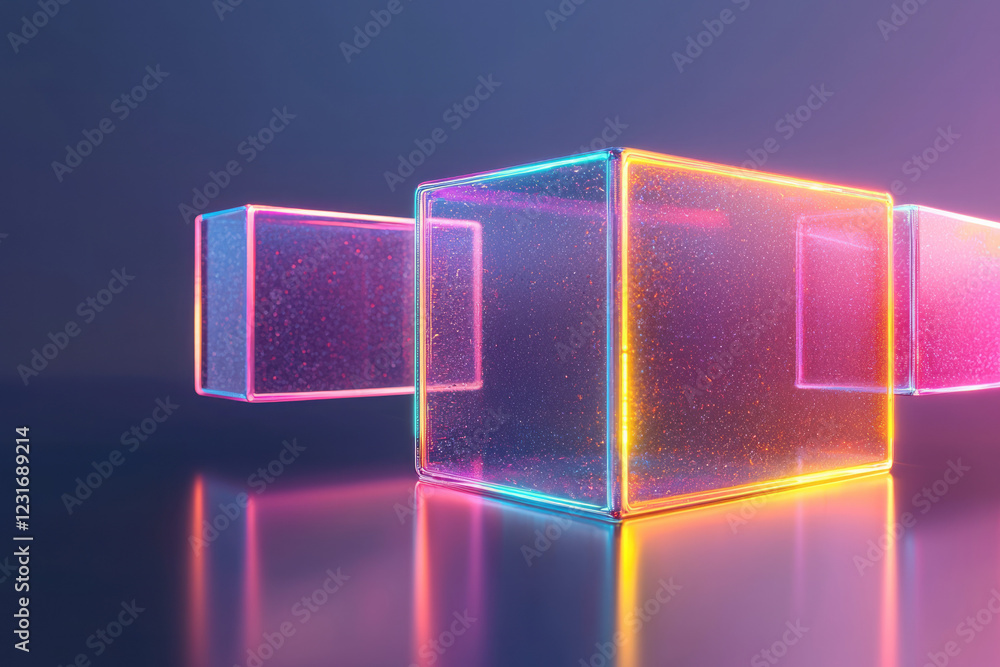 Poster a wide-angle 3d render of multiple mirrored blocks hovering at different heights, with laser-like ne