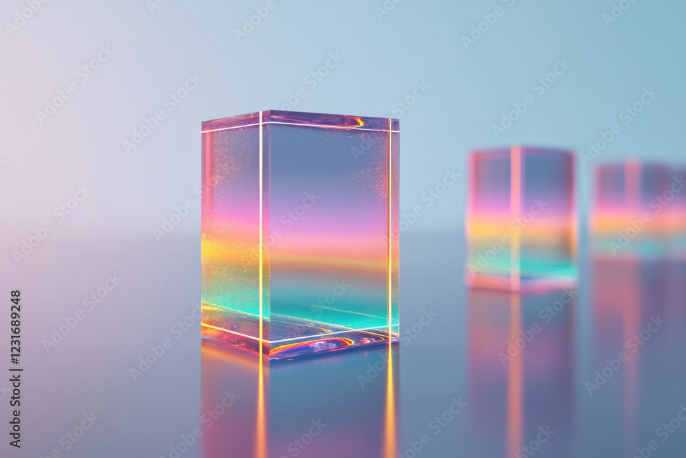 Poster a wide-angle 3d render of multiple mirrored blocks hovering at different heights, with laser-like ne