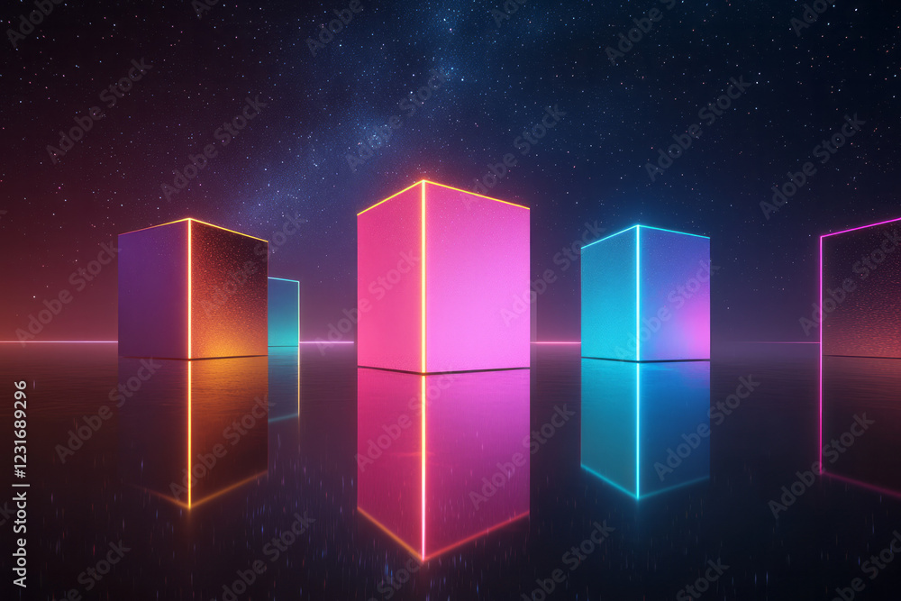 Poster a wide-angle 3d render of multiple mirrored blocks hovering at different heights, with laser-like ne