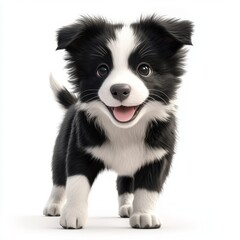 Fluffy Border Collie puppy in a playful stance, placed on a bright white background