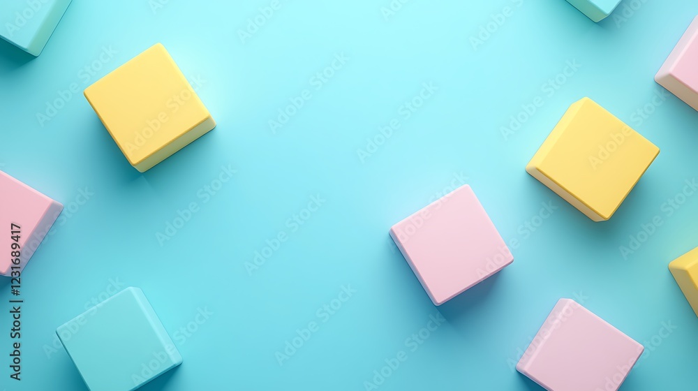 Poster colorful geometric blocks scattered on a vivid blue background creating a playful and vibrant compos