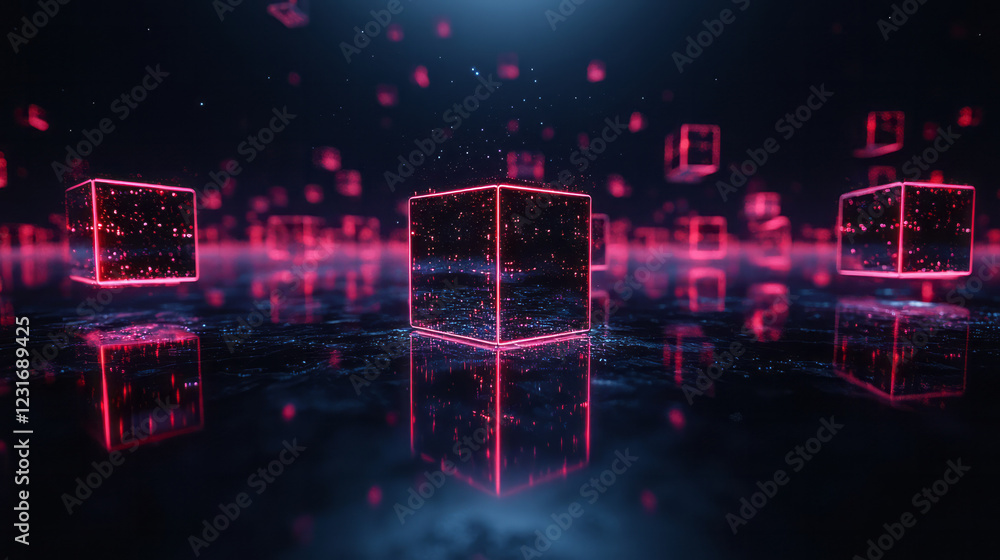 Aufkleber a minimalist view of cube-like shapes hovering in zero-gravity, each reflecting neon tracers crisscr