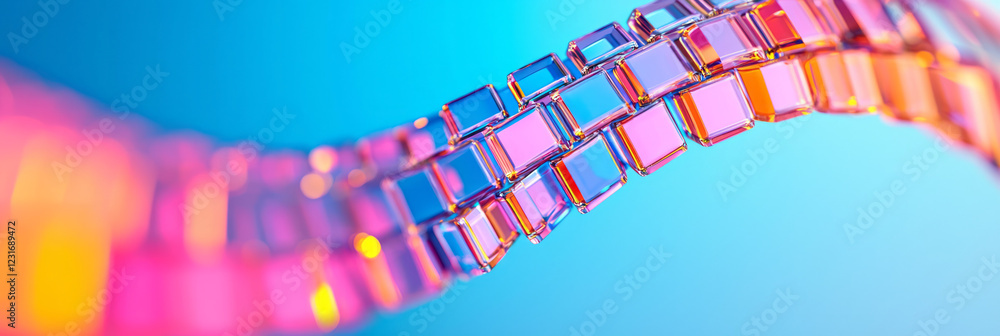 Poster a detailed macro scene of micro-reflective blocks arranged in a spiral, with shifting neon lines cre