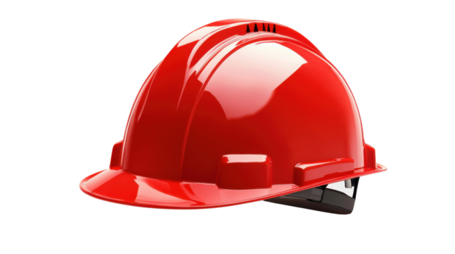Red safety helmet protecting construction workers on transparent background