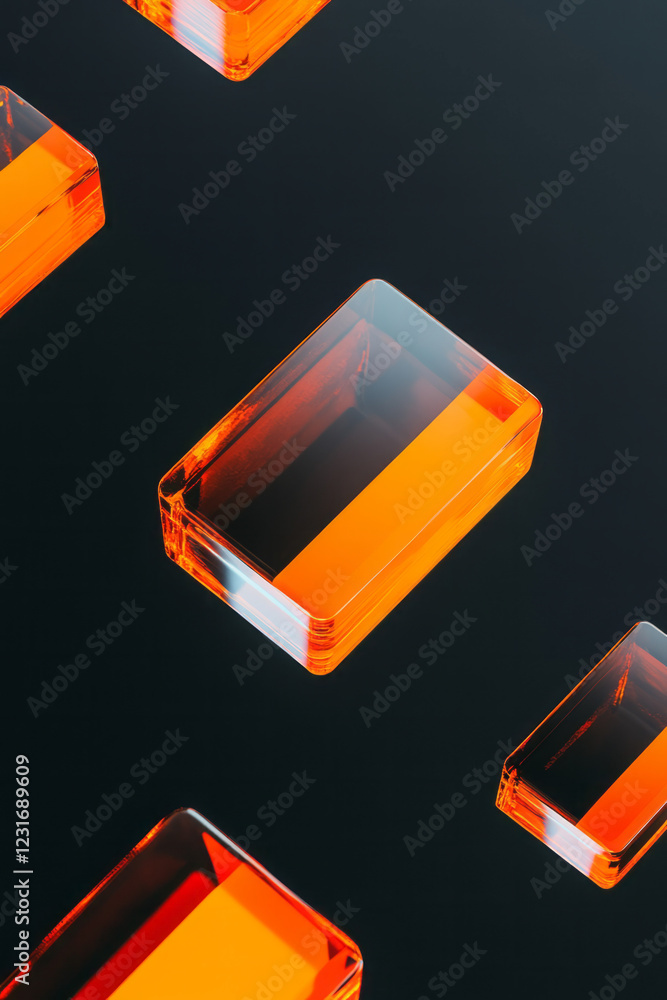 Poster a top-down perspective of mirrored rectangular prisms rotating slowly against a deep noir canvas, ea