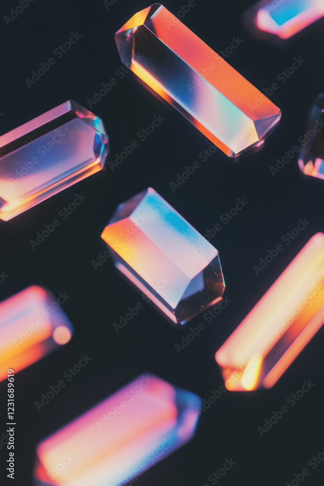 Poster a top-down perspective of mirrored rectangular prisms rotating slowly against a deep noir canvas, ea