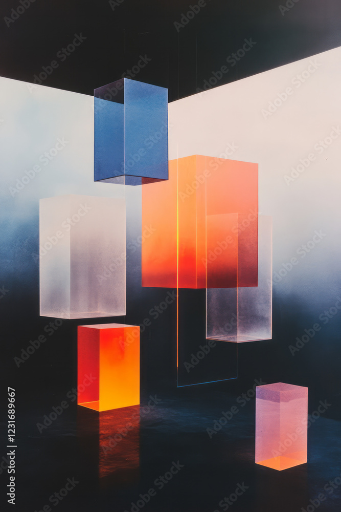 Aufkleber a surreal depiction of hovering mirror blocks arranged in a grid, where neon pulses traverse their f