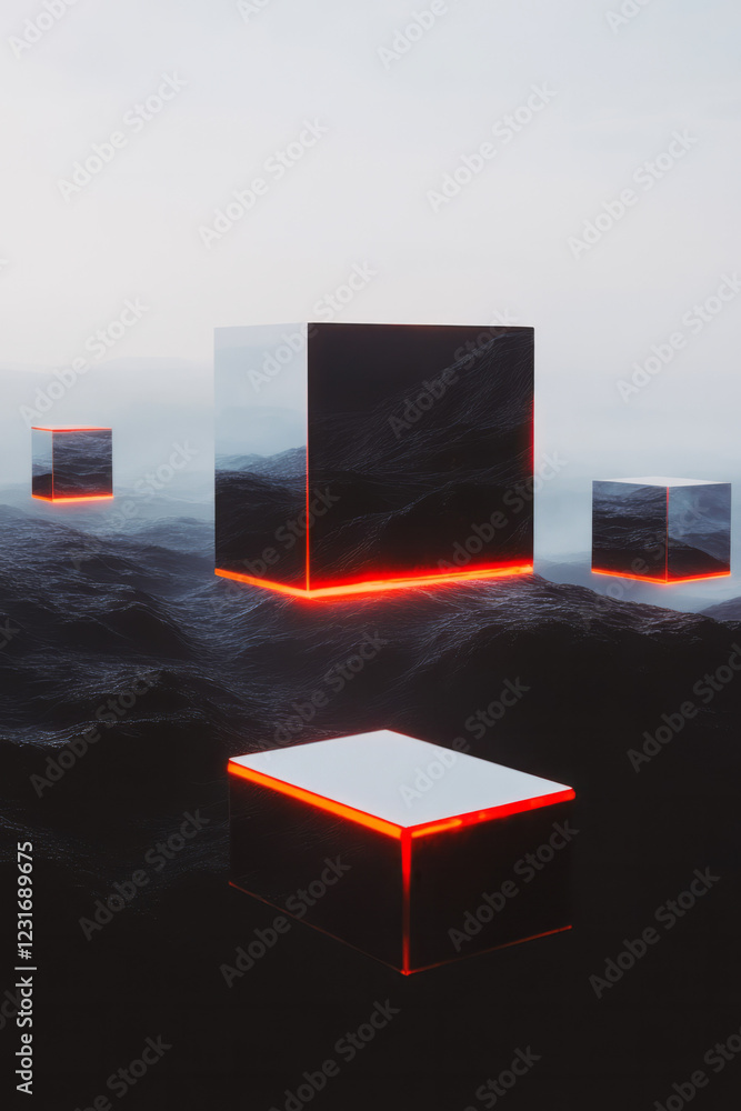 Poster a surreal depiction of hovering mirror blocks arranged in a grid, where neon pulses traverse their f