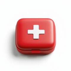 Obraz premium Red first aid kit with a white cross on the lid, isolated on a clean white background