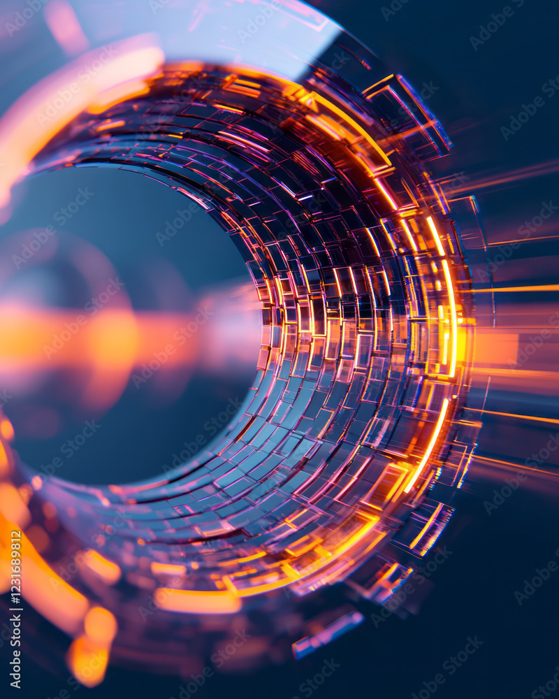 Poster a conceptual 3d design showcasing mirrored blocks arranged in a circular pattern, their glossy exter