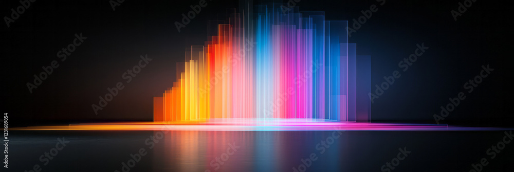 Poster a dynamic long-exposure effect of floating prisms reflecting neon glows, creating streaks of light a