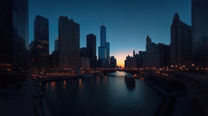 Obraz premium Chicago iconic skyscrapers and the Chicago River at sunset, with clear skies offering plenty of copy space