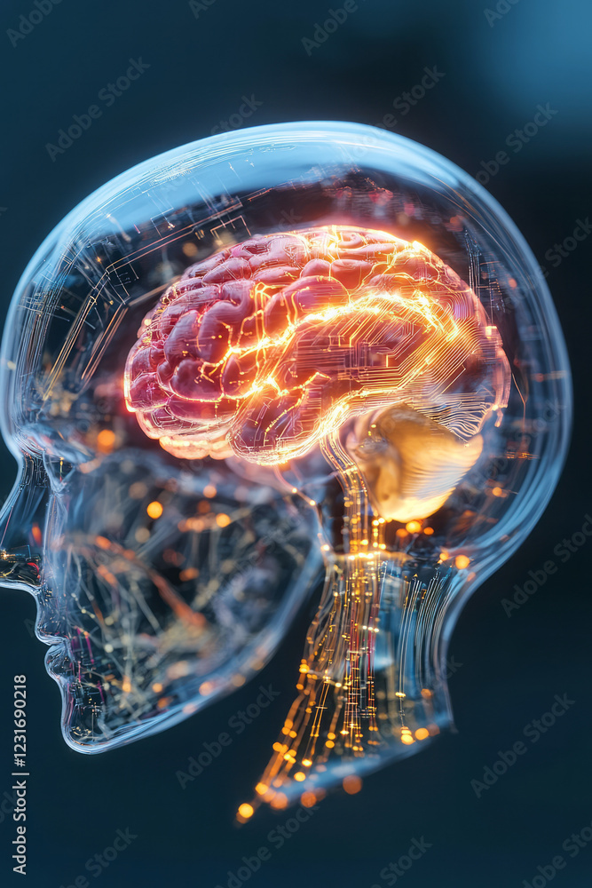 Poster a macro perspective featuring a translucent circuit-driven brain inside an ai head, reflecting the g