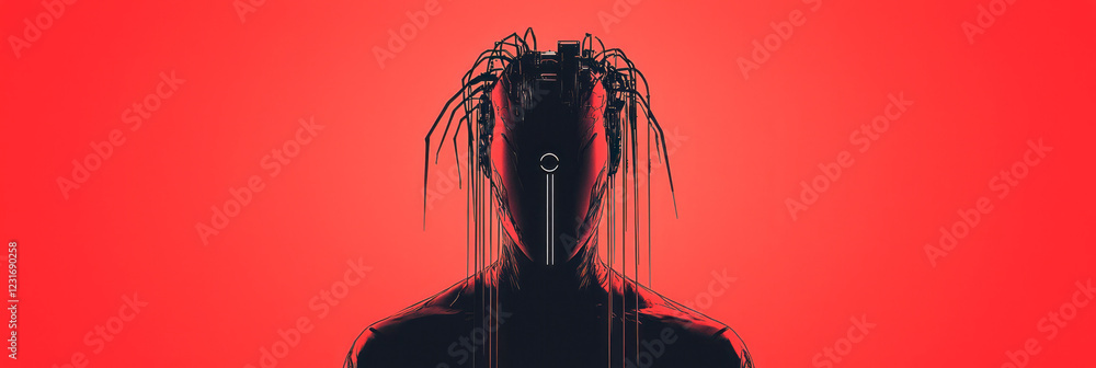 Poster a minimal design showing just the transparent outline of an ai head overlaying robotic arms, focusin