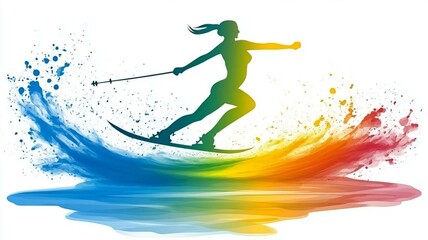 Fototapeta premium Vibrant Waterskiing Silhouette with Colorful Splash and Motion Effect